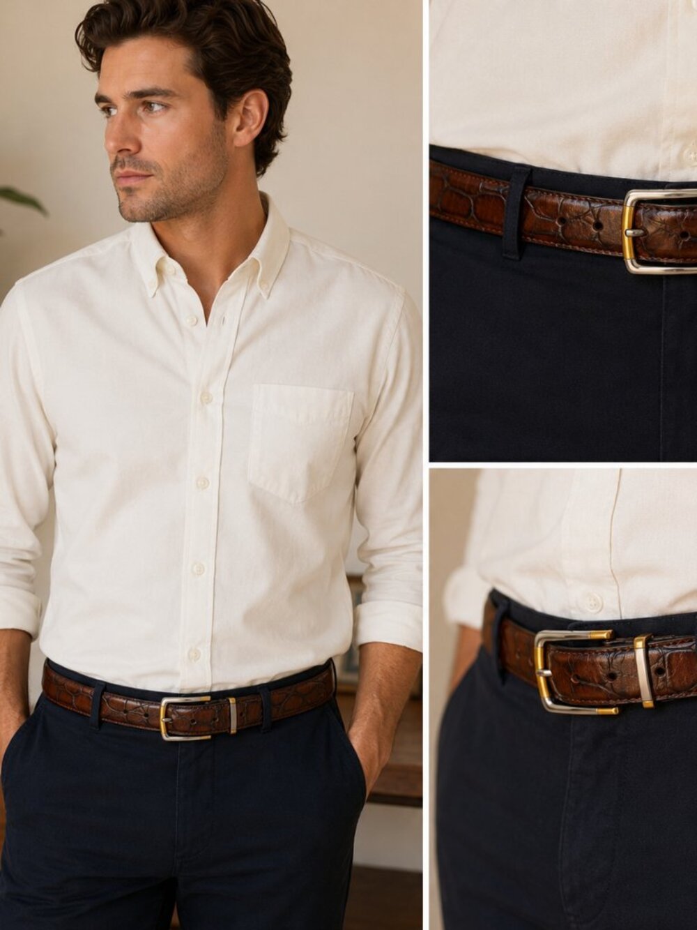 Johnston & Murphy Italian Saddle Leather Mock Croc Belt Brown Size 34 Men's